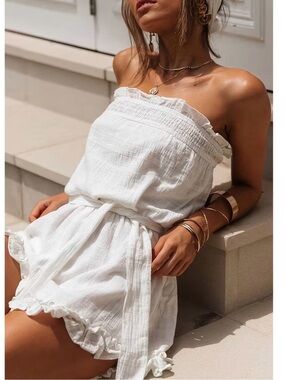 SO CHIC BOUTIQUE WHITE RUFFLE ROMPER WITH BELT!